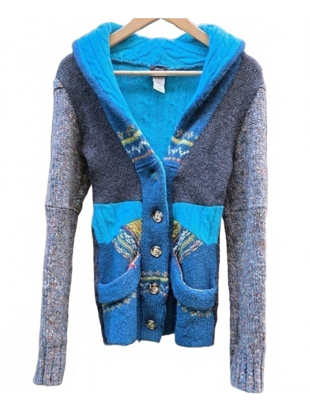 Preloved Handcut Boho Patchwork Cardigan Sweater Blue Mixed Knit Fair Isle M